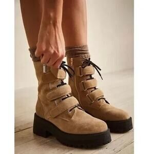 New Free People Emmet Strap Lace Up Boots In Latte Suede US Size 10 EU Size 41